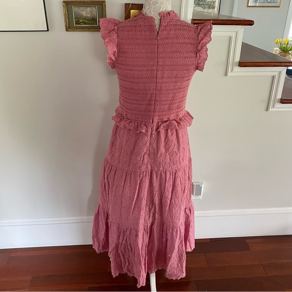 SEA NEW YORK Ingrid Smocked Ruffle Eyelet Midi Dress Sz 10 - Picture 6 of 10